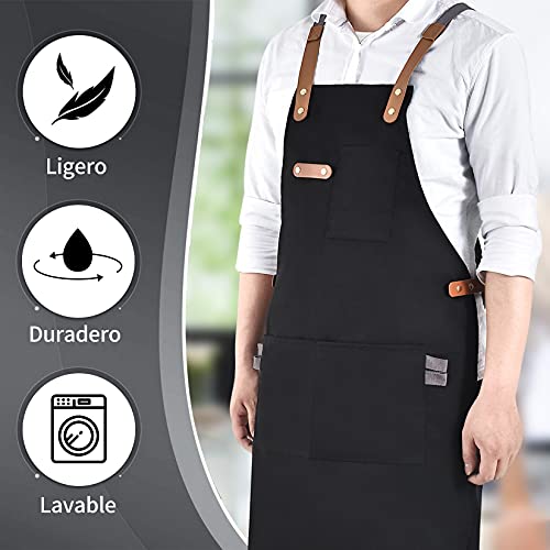 Pinji Delantal de Lona para Cocina, Delantal Ajustable con Bolsillos para Mujeres Hombres Diseño de la Cruz Trasera para… - Imagen 5