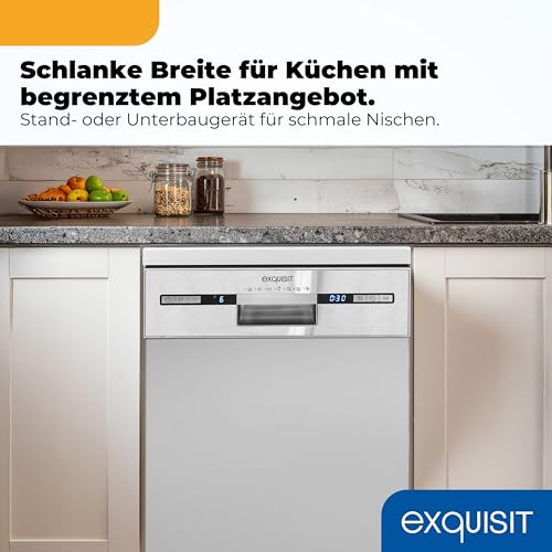 Exquisit Geschirrspüler | 9 Maßgedecke, Energieklasse E, 49 dB Geräusch | 7 Programme, Extra-Trocknung, Startzeitverzögerung, Vorspülen, Power+, Wasserschutz, Geschirrkorb | GSP59309-030E silber
