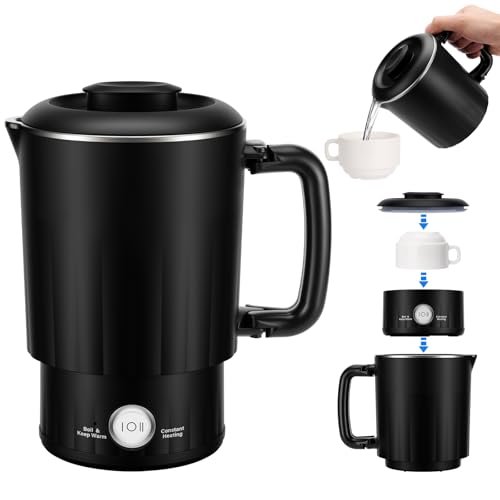 PAHTTO Hervidor eléctrico de acero inoxidable, 800 ml, con una taza, sin BPA, calienta en 5 minutos, perfecto para la familia, viajes, hoteles, acampadas y excursiones (negro)