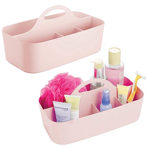 mDesign Plastic Portable Storage Organizer Caddy Tote - Divided Basket Bin with Handle for Bathroom, Dorm Room - Holds Hand Soap, Body Wash, Shampoo, Conditioner, Lotion - Large - 2 Pack - Light Pink
