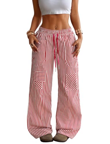 ZAFUL Womens Striped Jeans Drawstring Patchwork Wide Leg Pants, Red, S