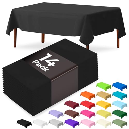 JSQBSECL 14 Pack Black Plastic Table Cloth 54in x 108in Disposable Rectangle Plastic Table Cover for Parties (Black, 54