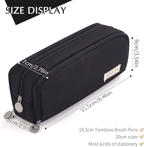 Image of Canvas Pencil Pouch, Large Capacity 3-Compartment Pen Case for Kids