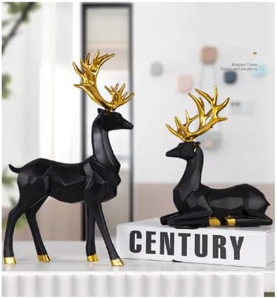2pcs 3D Geometric Elk Resin Statue, Seated and Standing Elegant Lucky Deer, Luxurious Simple Style Ideas, Suitable for Living Room, Wine Cabinet, Display Stand, Bedroom, Office Desktop (Black elk)