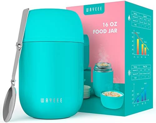 Insulated Food Jar WayEee Vacuum Bento Box Lunch Containers 16 oz for Kids Adults, Stainless Steel Leak Proof Wide Mouth Food Soup Thermos with Spoon Keeps Food Hot Cold for School Travel Picnic -Blue