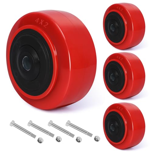 4 Inch Industrial Casters Set of 4, Polyurethane on Polyolefin Core Wheel with Double Roller Bearing- Solid Polyurethane Wheel with 3200 lbs Capacity, Use for Handling, Industrial Trolleys