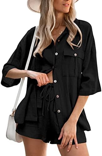 Women's 2 Piece Linen Outfits Half Sleeve V-Neck Shirts and Mini Shorts Set Casual Summer Beach Lounge Tracksuit Sets