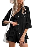 Women's 2 Piece Linen Outfits Half Sleeve V-Neck Shirts and Mini Shorts Set Casual Summer Beach Loun