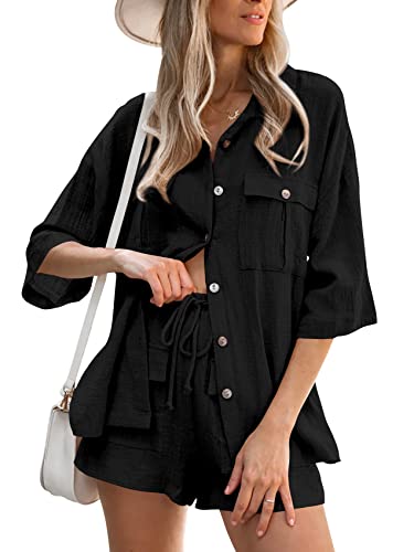 Women's 2 Piece Linen Outfits Half Sleeve V-Neck Shirts And Mini Shorts Set Casual Summer Beach Lounge Tracksuit Sets #TOP2