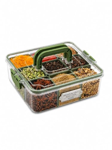Image of MEKIT Masala box plastic With 9 Compartment | Big Kitchen Stylish Airtight Spice box Container | Transparent Organizer For kitchen storage Dabba (23x23x7cm) Olive Green