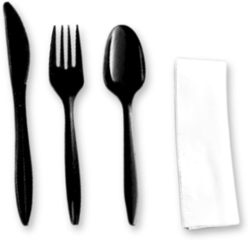 Global Basics Disposable Plastic Cutlery Packs | 250 Individually Wrapped Black Plastic Cutlery Sets | Includes Knife, Fork, Spoon, and Napkin | 250 Total (250, Black)