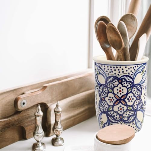 Ceramic Utensil Holder for Kitchen Counter, African Art Ceramic Crock, Kitchen Utensil Holder Countertop Decor, Cooking Spoon & Cutlery Utensils Organizer, Spatula & Ladle Canister, 5.25"Dia. x 7"H