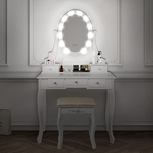 ML-Design Biała Toaletka z Oświetleniem LED, Lustrem, Stołkiem i 5 Szufladami, 80x129x40 cm, Styl Wiejski, z Żarówkami, z Drewna MDF, do Makijażu