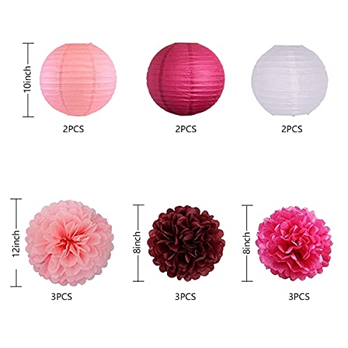 Pink Party Paper Lanterns Decoration Kit -15Pcs Purple Red Hanging Tissue Paper Pompoms Paper Lanterns Decorative Round Lanterns For Mothers Day, Valentines Day, Birthday Party Decor #TOP1