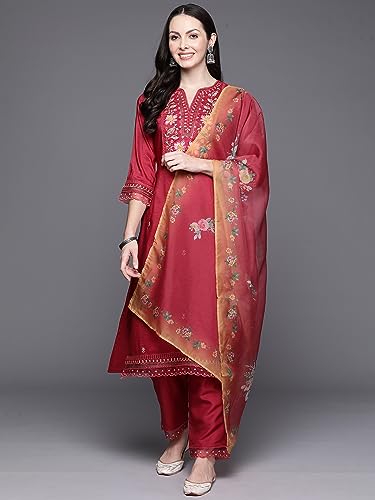 Image of INDO ERA Women's Maroon Embroidered Silk Blend Kurta with Pant & Dupatta Set