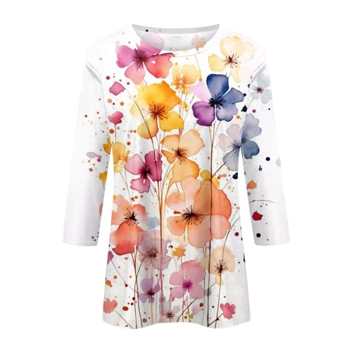 HTHLVMD Womens 3/4 Length Sleeve Tops 2025 Fall Fashion Floral Print Crewneck Causal Trendy Tunic Tops for Women