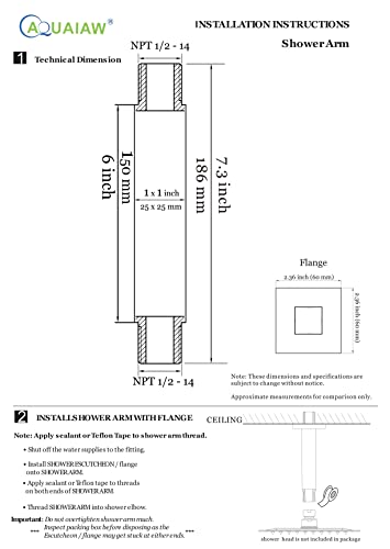 Aquaiaw Square Shower Arm And Anti-Scratch O-Ring Flange, 6 Inch, Solid Brass, Both Soldered 1/2 Npt Tapered Threads, Straight Shower Head Arm, Ceiling Mount Shower Extension Arm (Matte Black) #TOP5