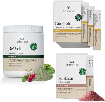 Arbonne Gut Health Digestion Support and BeWell Superfood Greens Powder with SkinElixir Collagen Powder Builder Acai