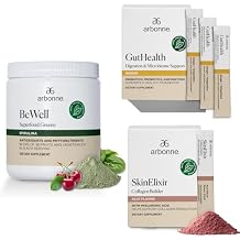 Arbonne Gut Health Digestion Support and BeWell Superfood Greens Powder with SkinElixir Collagen Powder Builder Acai
