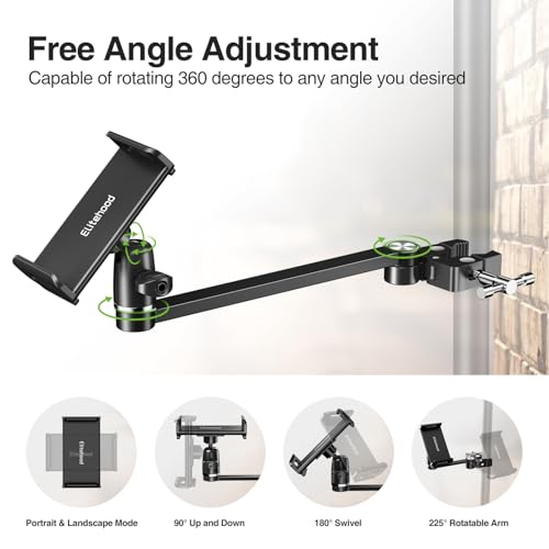 elitehood 12in Extra Long Arm iPad Mic Stand Mount, 360° Adjustable iPad Holder for Mic Stand, Tablet Holder for Microphone & Cymbal & Drum, Tablet Music Mount Fit 4.7-13in Devices