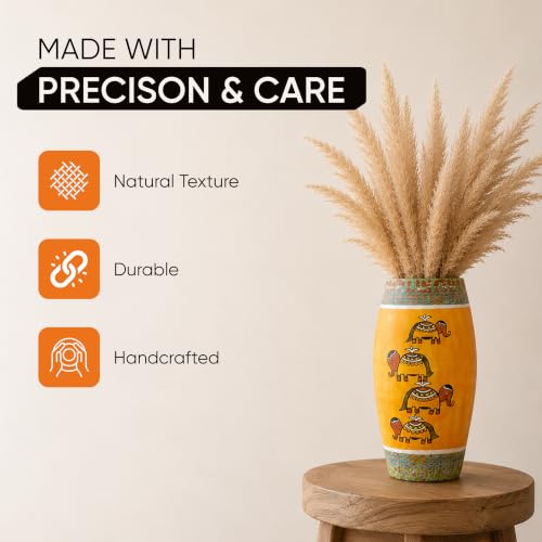 Image of Aakriti Art Creations Happy Elephant Yellow Terracotta Vase | Hand-Painted Madhubani Art Decorative Vase | Matte Finish Flower Vase for Living Room, Table & Floor Decor