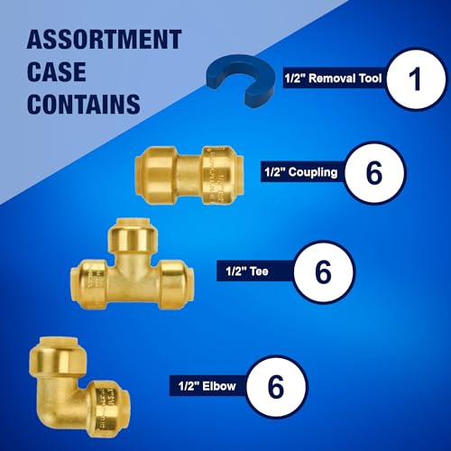 New Age America® 19pc 1/2\" Pushfit Fittings AquaFlow 360™ | 6 Elbow + 6 Tee + 6 Coupling & 1 Removal Tool | 1/2 Inch | Brass | Push-To-Connect | Lead-Free Fittings Bundle | NSF/ANSI & UPC Certified