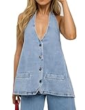 Kedera Women's Tie Up Denim Vest Button Down Backless Denim Tank Top V Neck Sexy Loose Fashion Cropped Vest