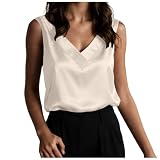 Blusa Satén Mujer Cuello en V Sin Mangas Seda Elegante Suelta Sólida Verano Casual Camisa de Negocios Parte Superior Informal de Tacto Suave