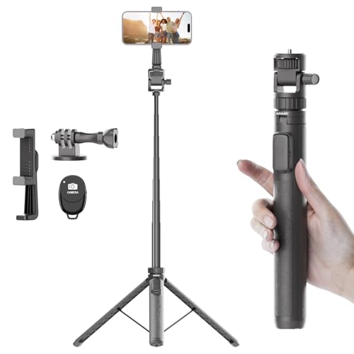 KINGJOY Treppiede per telefono da 177,8 cm con supporto per telefono, adattatore per action camera e telecomando wireless, treppiede da viaggio leggero e portatile, treppiede per iPhone, Android e