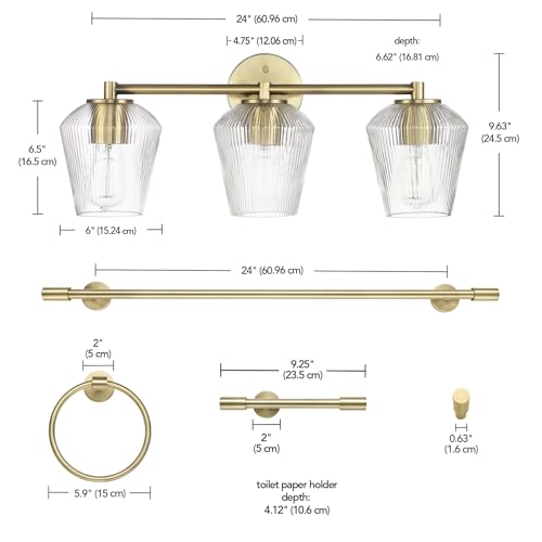 Image of GLOBE Electric 63000063 5-Piece All-in-One Bathroom Set, Matte Brass Finish, 3-Light Vanity Light, Glass Shades, Towel Bar, Toilet Paper Holder, Towel Ring, Robe Hook, Bathroom Lights Over Mirror