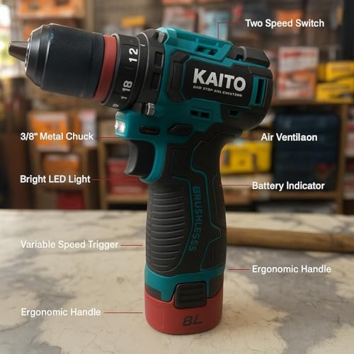 Image of KAITO 18V Cordless Drill Machine Kit | 50Nm Torque | 10mm Chuck | 2 Battery & Charger | 2000 RPM | Reverse Function | Drill Driver for Wood, Metal & Wall with Accessories