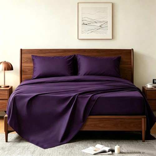 USXIBEI King Size 4 Piece Sheet Set - Hotel Luxury Bedding for King Size Bed - Soft and Breathable Bed Sheets Set - Deep Pocket Sheets Wrinkle & Fade Resistant(King Purple)