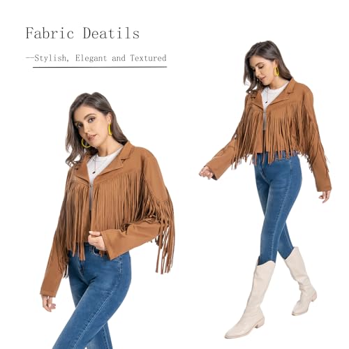 Fringe Jacket, Western Cowgirl Faux Suede Leather Jacket Tassel Crop Moto Top Country Concert Outfits for Women.3