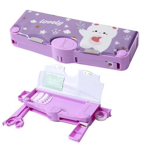 Pop Up Multifunction Pencil Case for Girls and Boys, with safety scissors, pencil sharpener, whiteboard, Curriculum, Calendar, Great Gift for Kids (Purple)