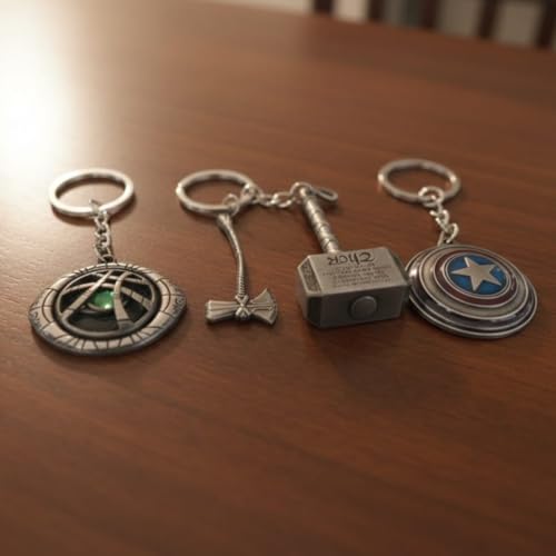 Image of MARVEL THOR Metallic SILVER Hammer,Stormbreaker /Axe & DR STRANGE,CAPTAIN AMERICA SHIELD Spinning KEYCHAIN,Heavy Quality Metal,Combo Pack for Kids Men Women Car Bike Home