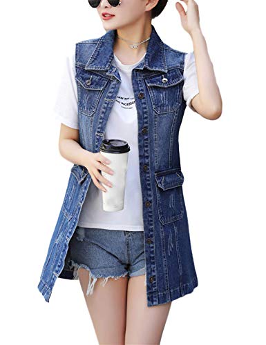 Omoone Women's Button Up Mid Long Ripped Denim Jean Vest Waistcoat(0192-Blue 02-Xxxl) #TOP28
