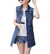 Omoone Women's Button Up Mid Long Ripped Denim Jean Vest Waistcoat