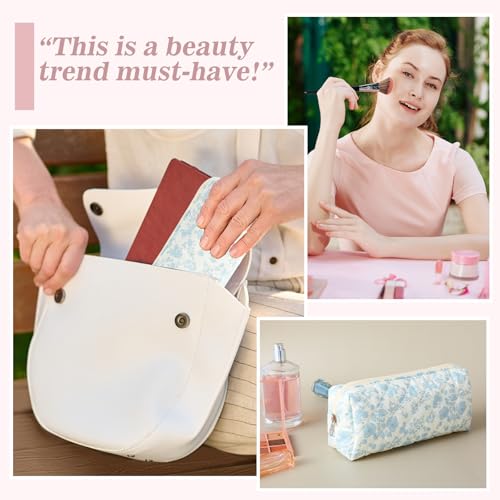 Image of Cute Pencil Case, Aesthetic Flowers Pencil Pouch, Portable Pen Bag Wide Opening, Soft Quilted Pencil Pouch Organizer with Zipper for Office College Storage Makeup Pouch, Blue Flowers