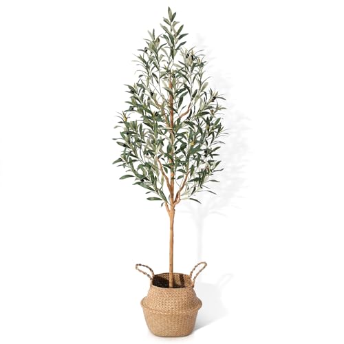 Faux Olive Tree 5FT – Tall Artificial Plants Indoor with Real Wood Trunk & Seagrass Basket