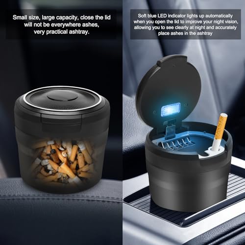 LYCXAMES Cendrier de voiture avec couvercle, lumière LED bleue, cendrier portable pour l'extérieur, la maison, le bureau, les voyages, la voiture, noir – vue 4