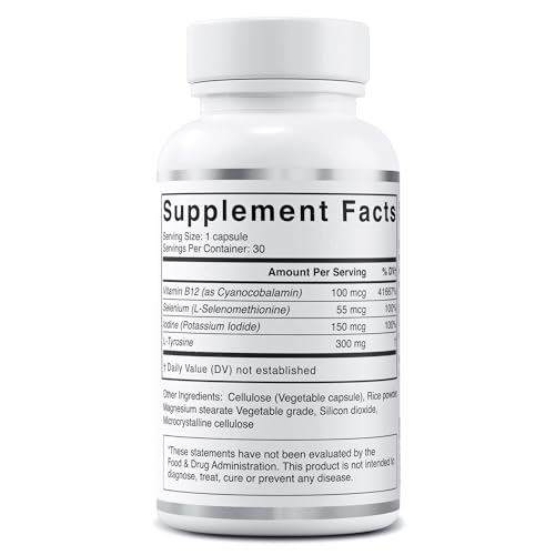 Complete Thyroid Support Supplement with Iodine - Vegan Formula for Energy and Focus with Vitamin B12, Selenium, L-Tyrosine | Shapiro MD (2 Month (60 Capsules))