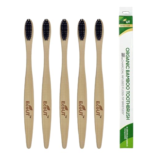 Image of EcoUT Organic Compostable Bamboo Toothbrush with Ultra-Soft Charcoal activated Bristles, 100% Natural & Eco-Friendly (Pack of 5)