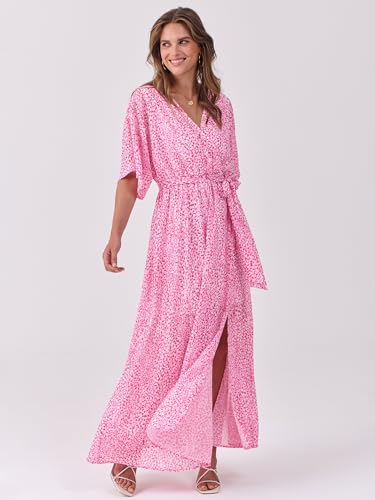 Image of ANRABESS Womens Boho Floral Wedding Guest Maxi Dress | Flowy A-Line Chiffon with Slit, Elegant V Neck Wrap Elastic Waist, Casual 1 /2 Sleeve Spring Summer Outfits, Tea Party