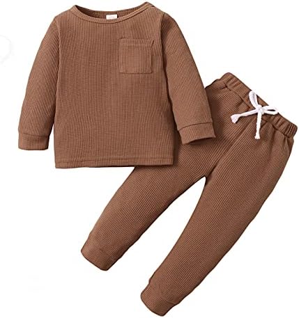 DBZoo Toddler Baby Boy Girl Unisex Clothes Sets Long Sleeve Crew Neck T-Shirt Tops and Pants Fall Winter Solid Outfits (Brown, 18-24 Months)