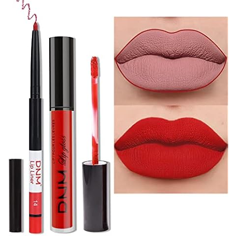 HAOYA 2Pcs Matte Ruby Red Lip Liner and Lipstick Makeup Set, Matte Liquid Lipstick 24H and with Lip Liner Set Kit Waterproof Long Lasting labiales mate 24 horas originales matte larga duracion 24#14 Cover