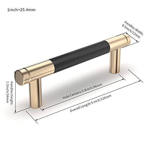 Furniware 10 Pack Cabinet Handles,3.75"/96Mm Hole Center Gold And Black Kitchen Cabinet Pulls Aluminum Handles Knurled Modern Hardware Drawer Pulls Oxidation Finish With Diamond Pattern #TOP3