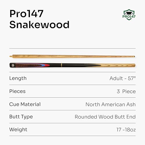 PRO147 Snakewood 3pc Snooker Pool Cue 57 Inch with Matching Ash Grain and 9.5mm Tip - Image 8
