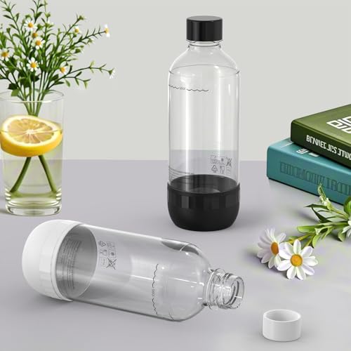 SunnyOcean Soda Bottles 1 Litre - Set of 2 BPA-Free PET Reusable - 1 x Black & 1 x White Sparkling Water Bottles Compatible with Soda Machine & Water Carbonator