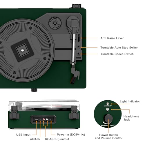 Image of Vinyl Record Player with Built-in Speakers and USB,Belt-Driven Bluetooth Turntable with 3 Speed AUX Input Headphone Jack and RCA Output Vintage Wooden DarkGreen