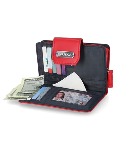 Image of Nautica Womens, Close Reach Vegan Leather RFID Wallet, Small Credit Card Holder Purse with Zipper Coin Pocket and ID Window in Fuego Red